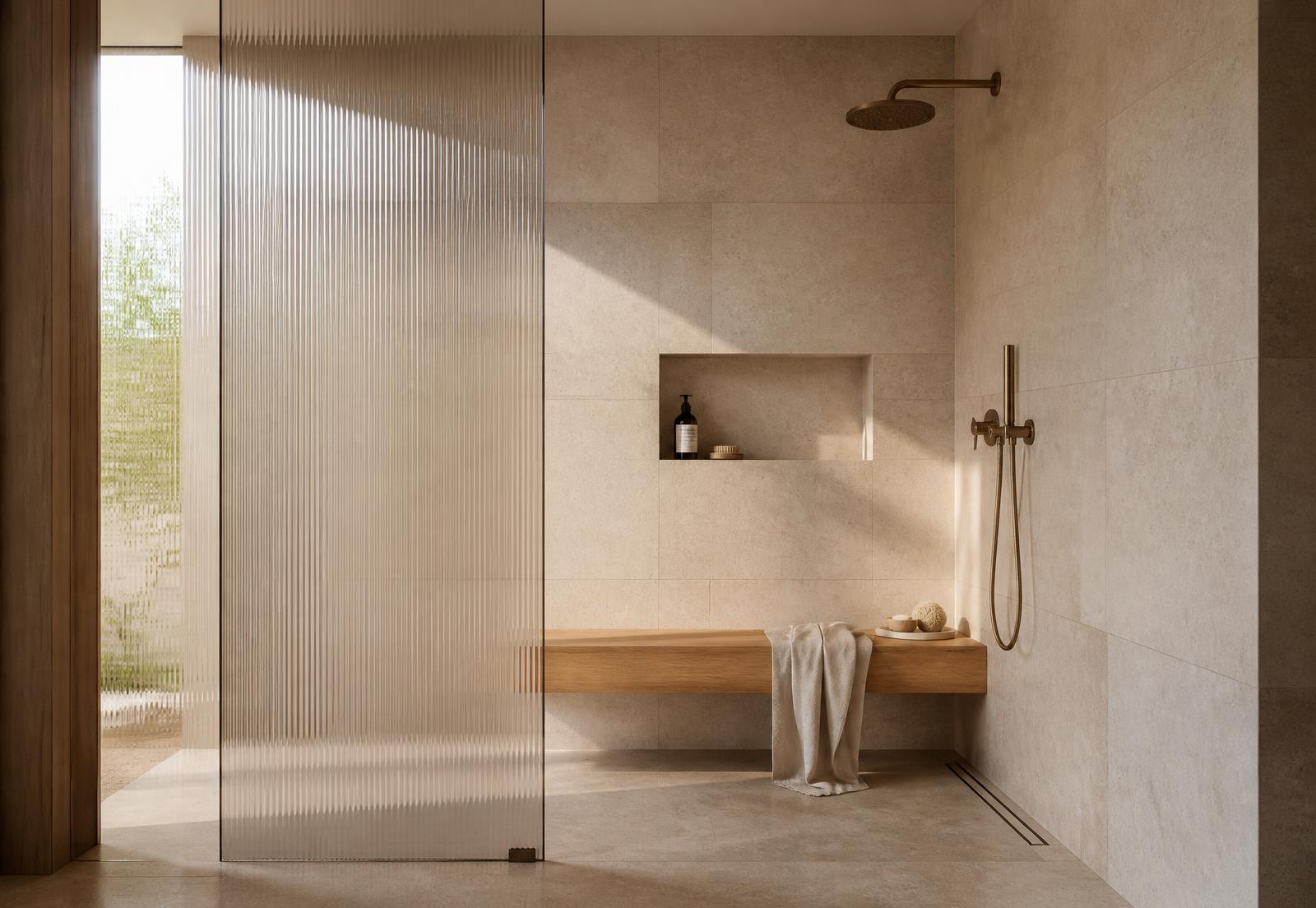 Begehbare Dusche mit Riffelglas und Eichenbank